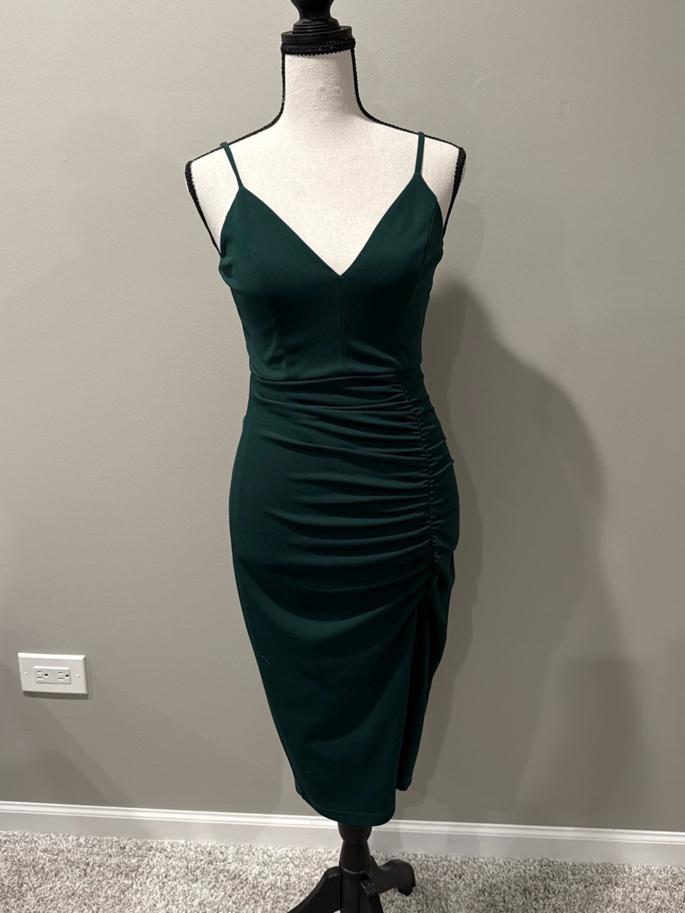 Honey and Rosie Emerald Green Spaghetti Strap Ruched Midi Dress